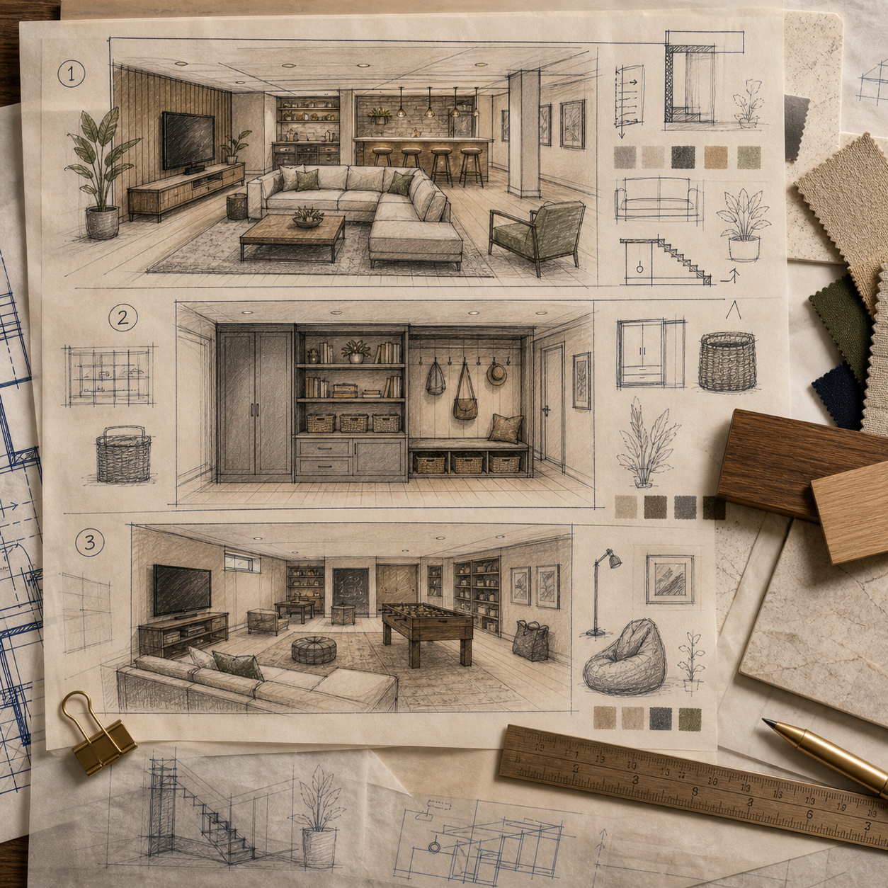 Blueprint sketch of basement design ideas with layout zones and material swatches