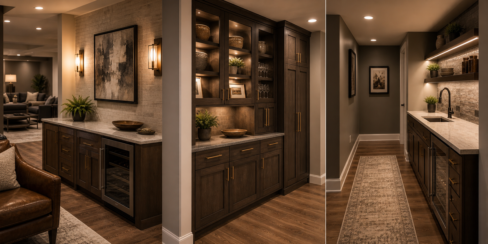 Low tall and shallow basement bar cabinet configurations