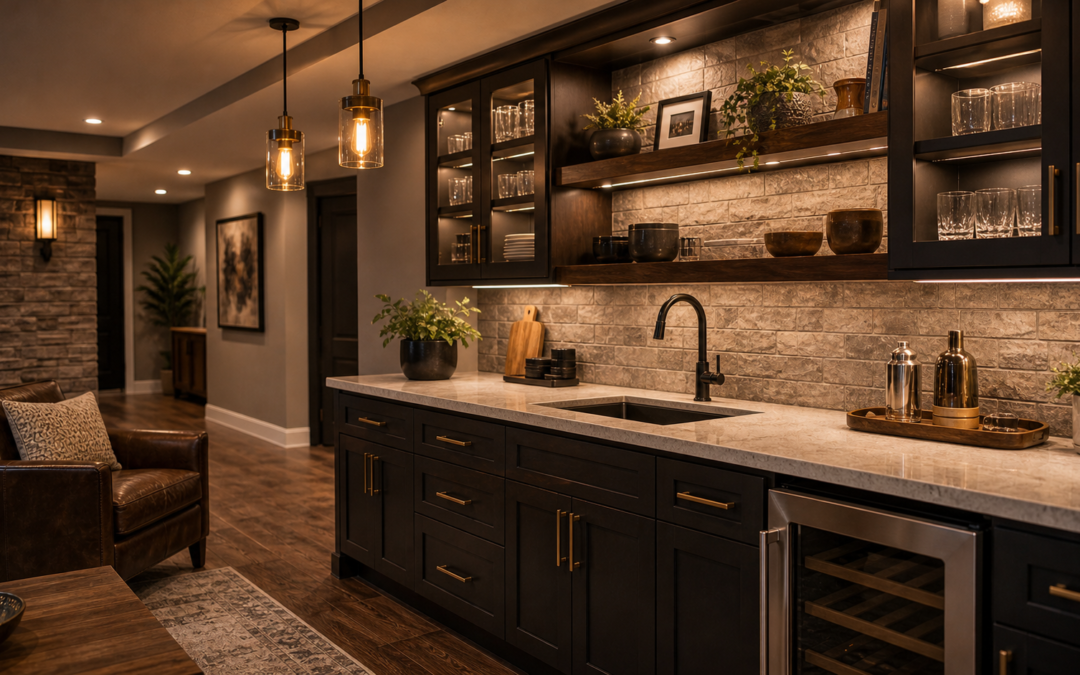 Basement bar cabinets with quartz countertop and organized storage