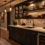 Basement bar cabinets with quartz countertop and organized storage