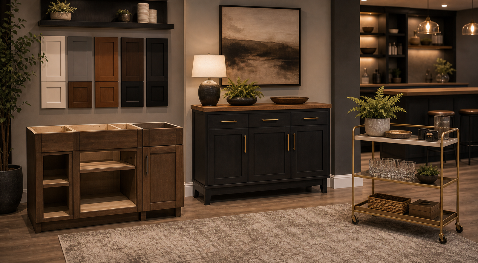 Basement bar cabinet sourcing options including stock cabinets freestanding cabinet and bar cart