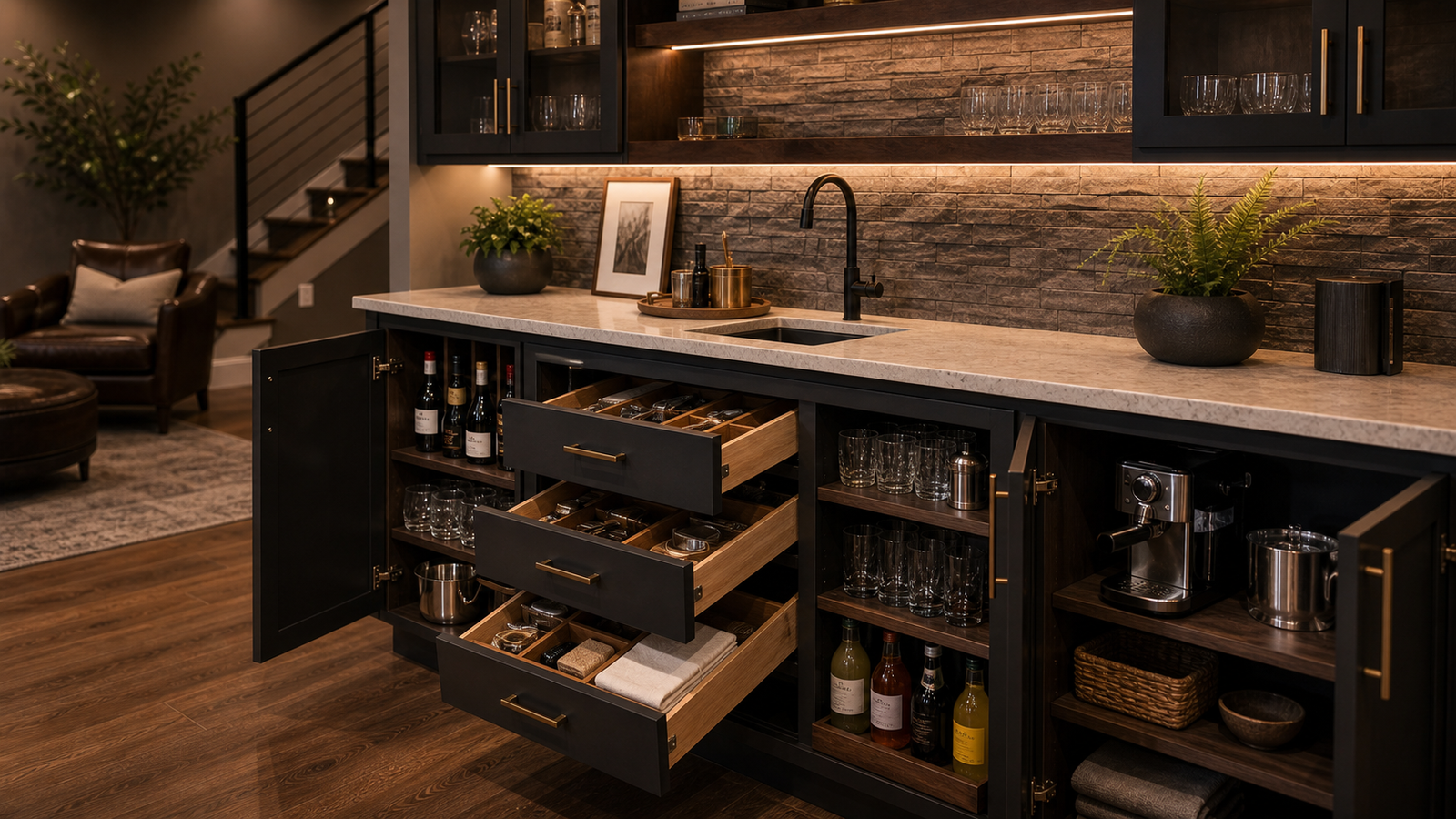 Organized basement bar cabinet with bottle glassware and tool storage zones