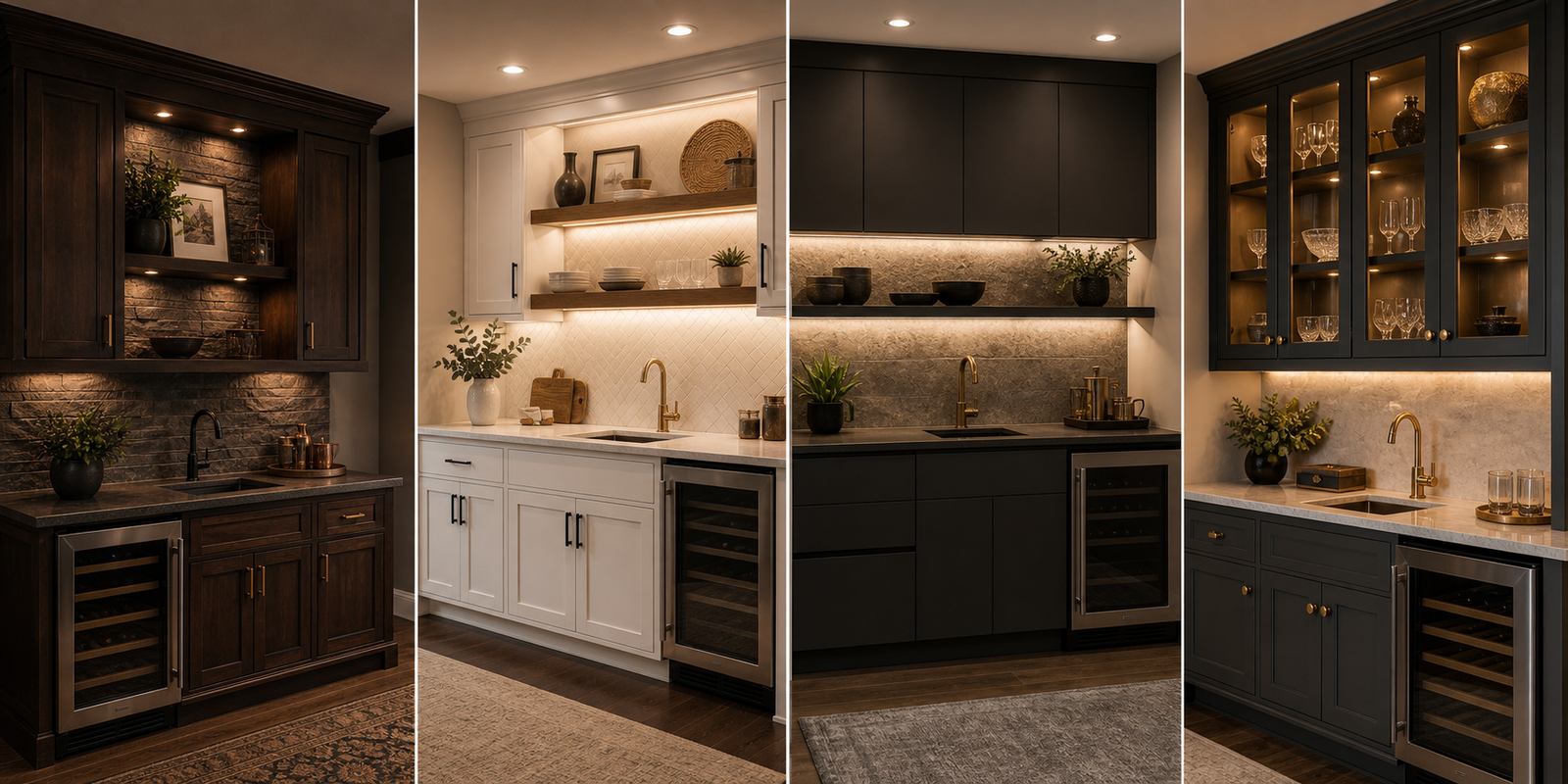 Basement bar cabinet styles including dark wood painted flat front and glass door cabinets