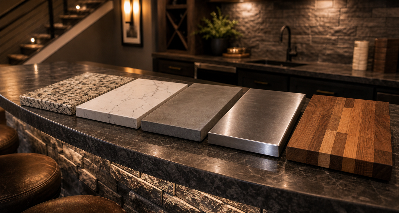 Basement bar countertop material samples including stone concrete steel and wood