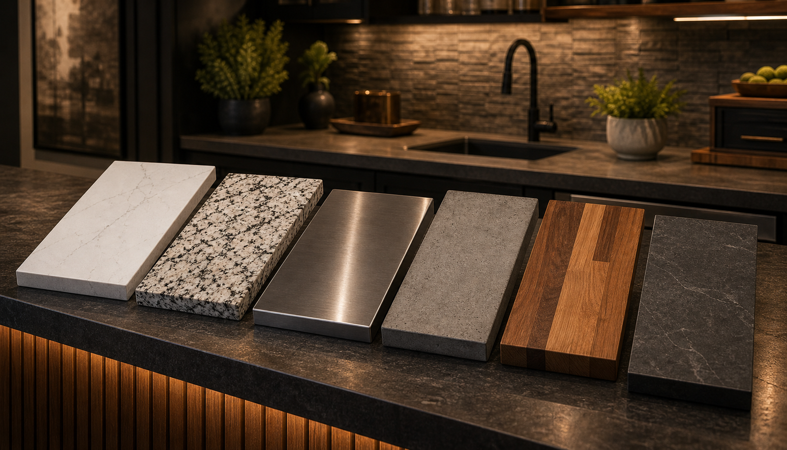 Basement bar countertop material samples including quartz granite steel concrete butcher block and laminate