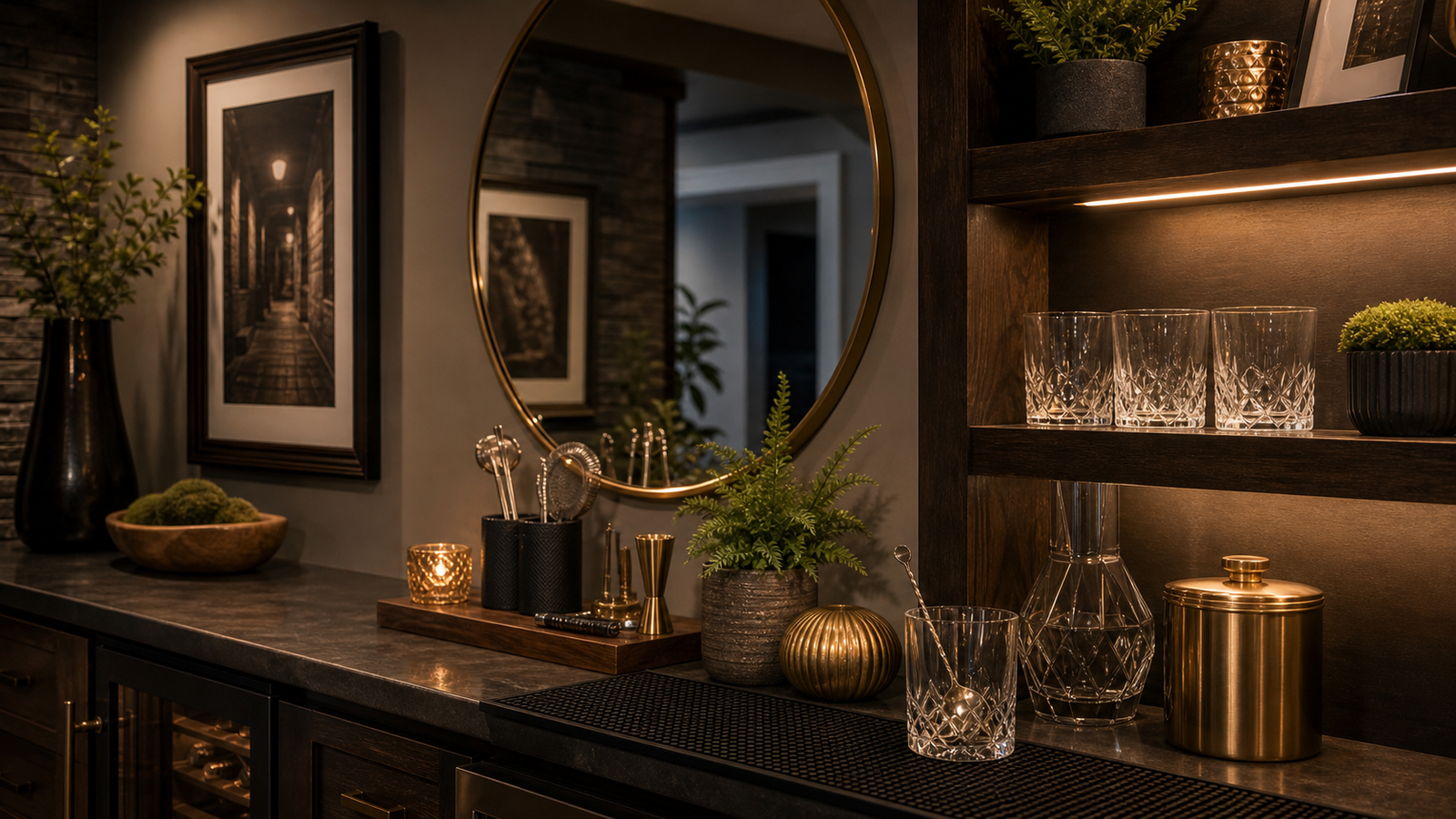 Basement bar decor with framed art mirror glassware shelving plants and warm lighting