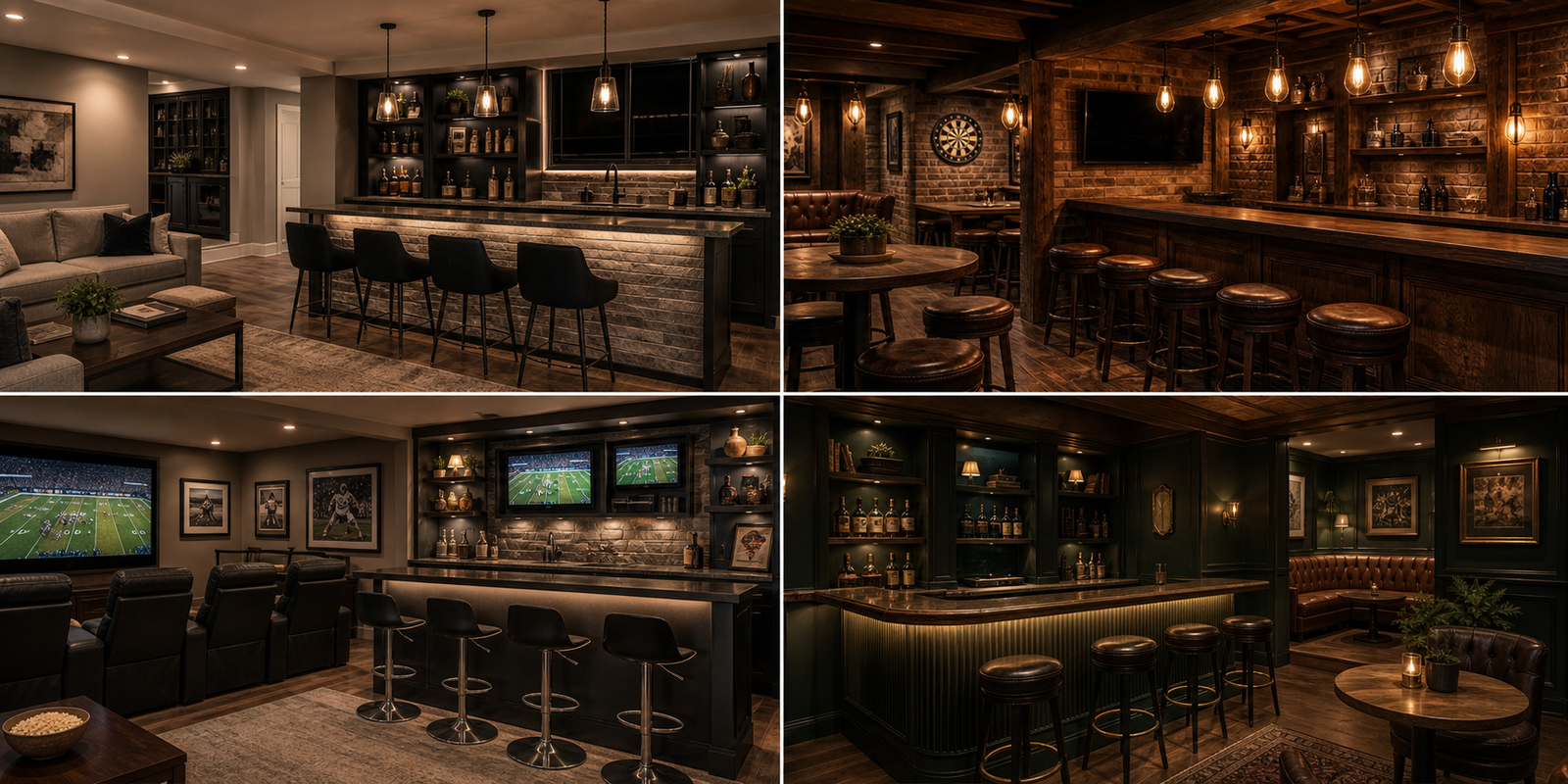 Collage of basement bar design themes including modern rustic sports lounge and speakeasy