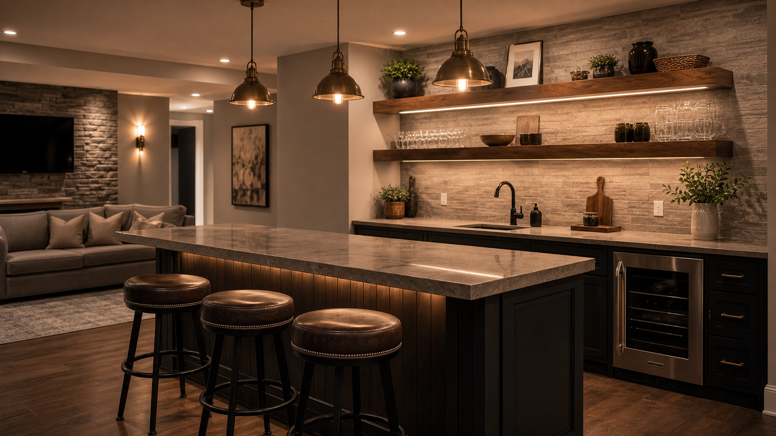 Basement bar with cabinets countertop shelving fridge lighting and stools