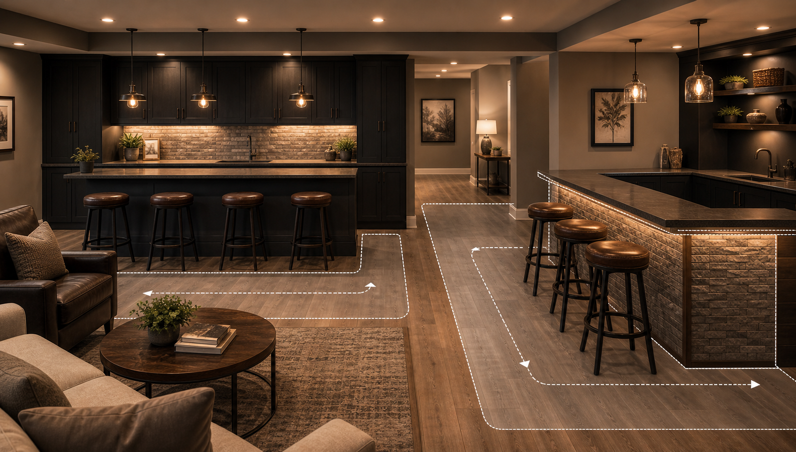 Finished basement bar layout with seating and clear traffic flow