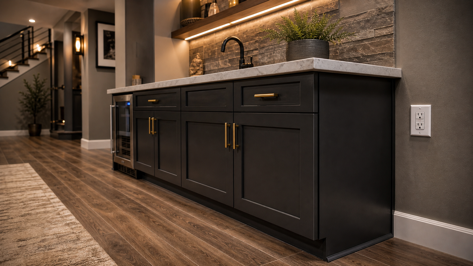 Basement bar cabinet installation with moisture smart base and protected outlet planning