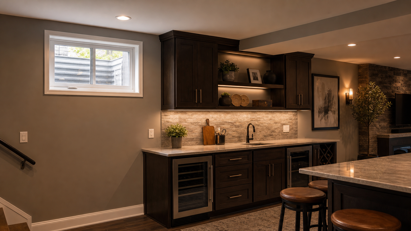 Finished basement bar with egress window safe outlets and recessed lighting