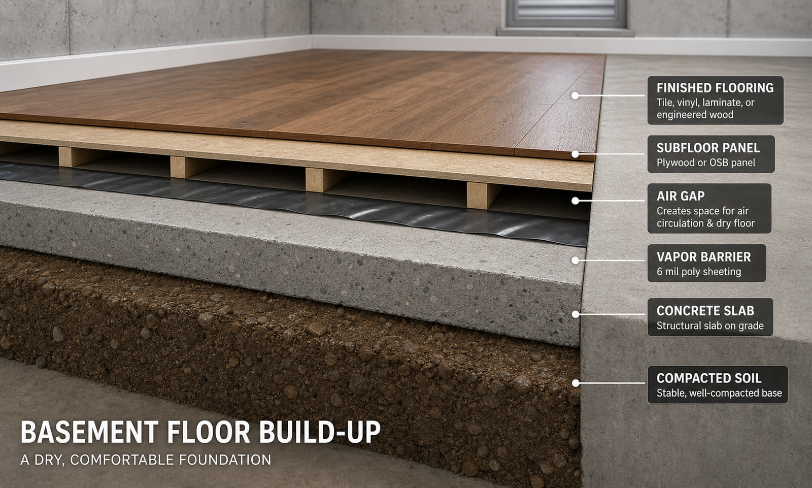 Basement floor cross-section showing slab vapor barrier subfloor and finish flooring