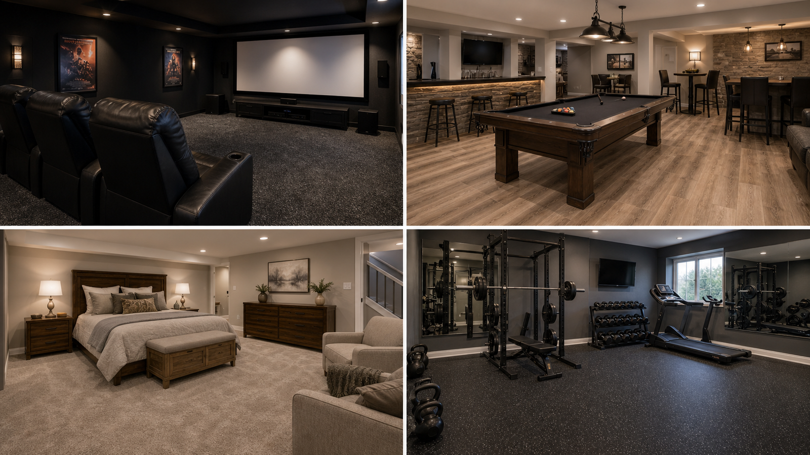 Basement flooring matched to theater game room bedroom and gym uses