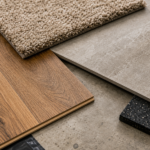 Close-up of basement flooring samples including laminate carpet porcelain tile and rubber flooring