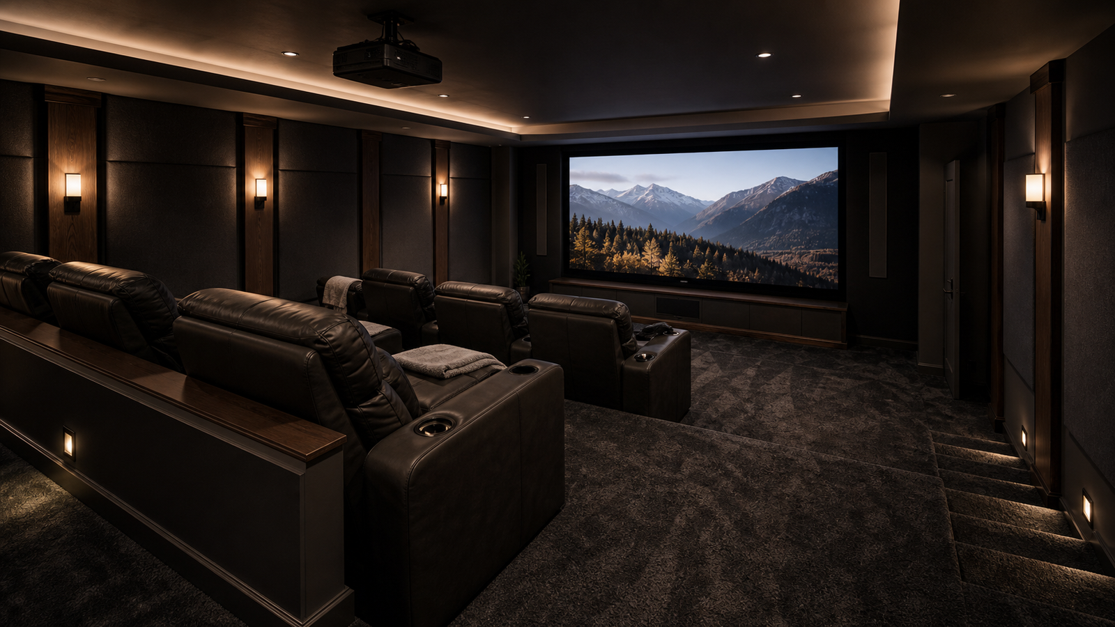 Dark carpet flooring in a basement home theater