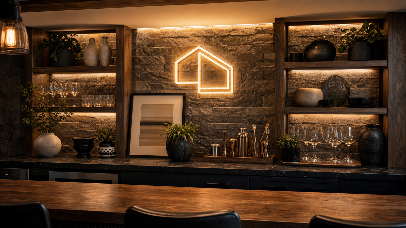 Basement bar accessories including glassware shelving lighting and bar tools