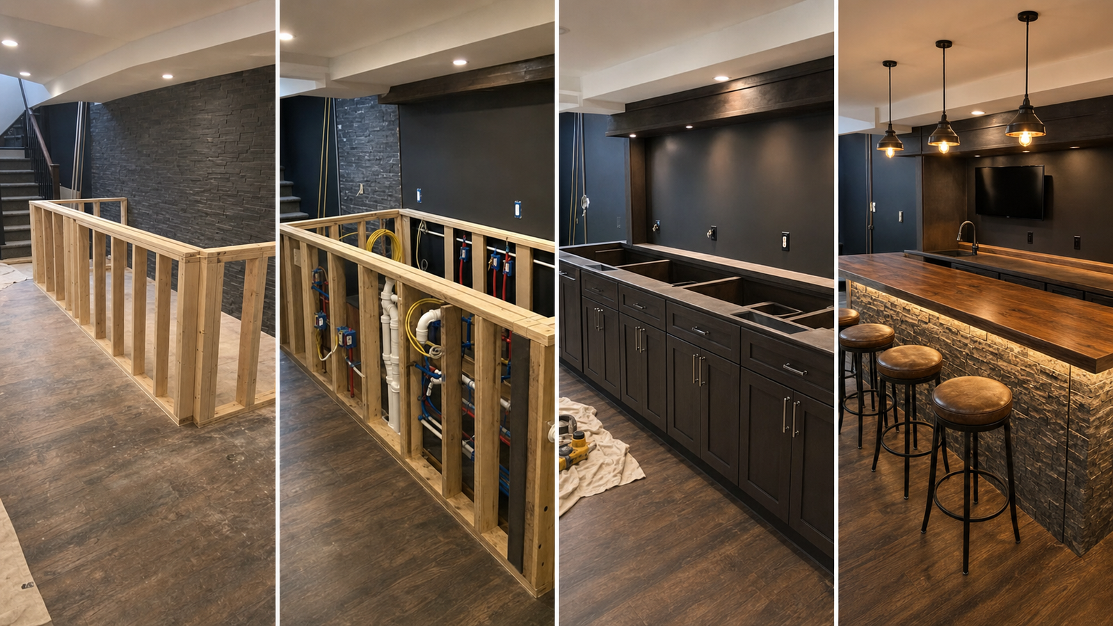 Step-by-step DIY basement bar build progress from framing to finished bar