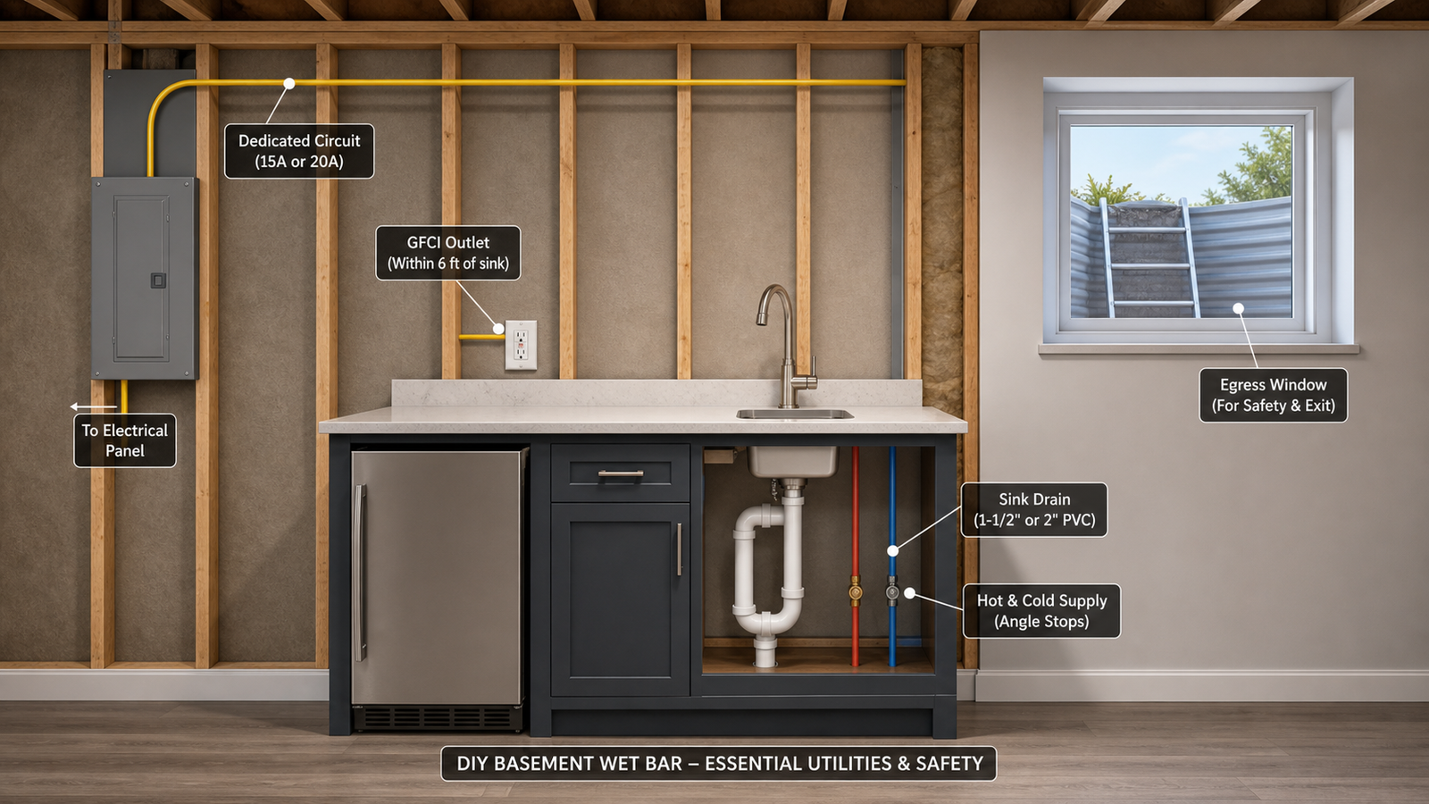 DIY basement bar code requirements plumbing GFCI outlet and egress