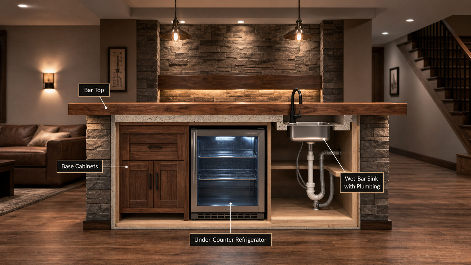 Basement bar essentials labeled countertop cabinets refrigerator and sink