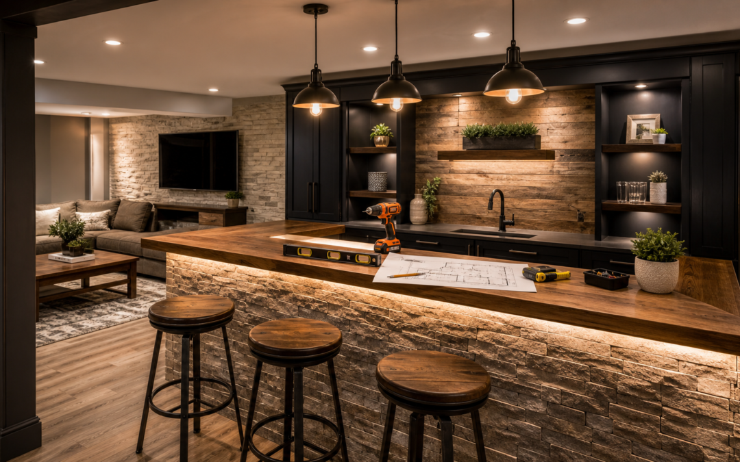 Finished DIY basement bar with warm wood countertop stone front stools and basement lounge