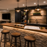 Finished DIY basement bar with warm wood countertop stone front stools and basement lounge