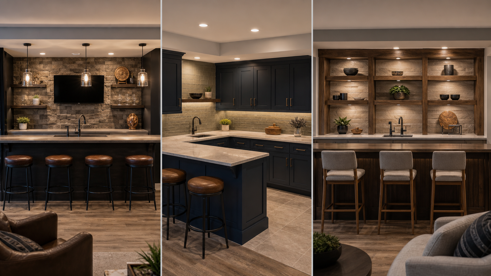 Straight L-shaped and bar-back basement bar build types