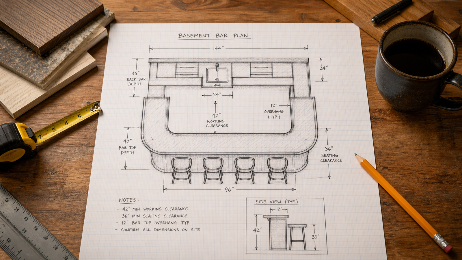 DIY basement bar sketch showing dimensions seating and clearances