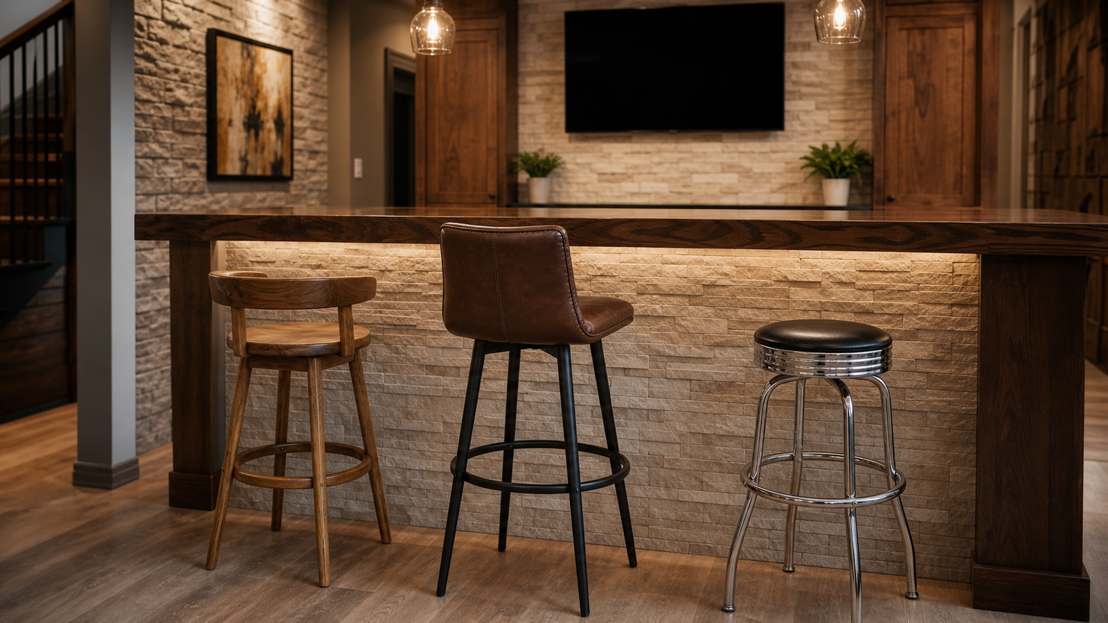 Counter-height bar-height and backless barstool styles at a basement bar