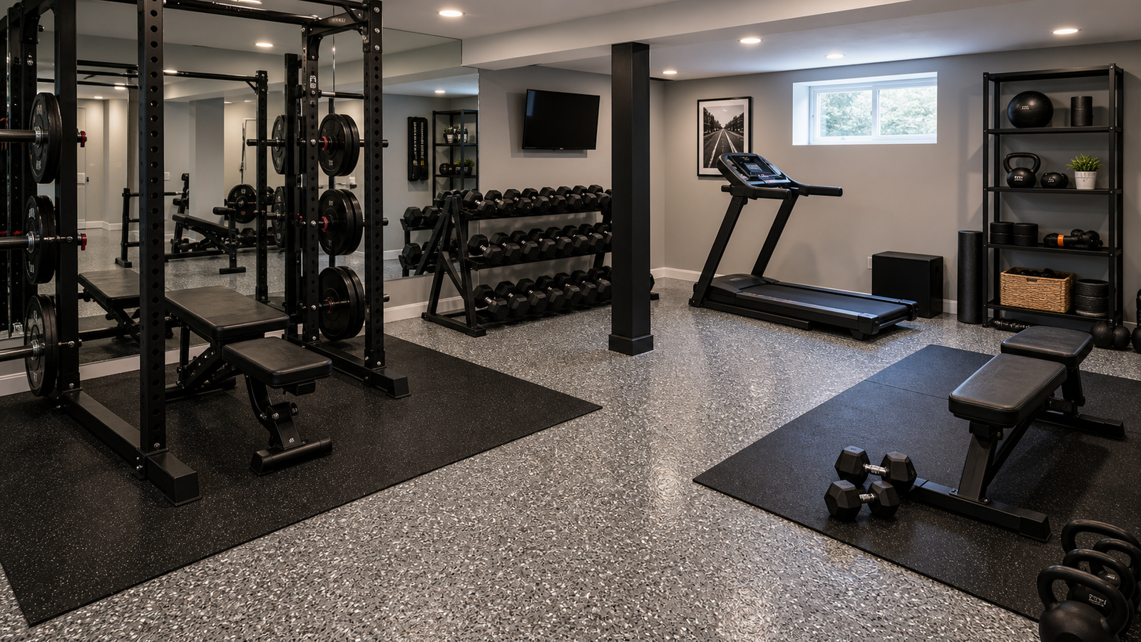 Epoxy flake flooring in a basement home gym