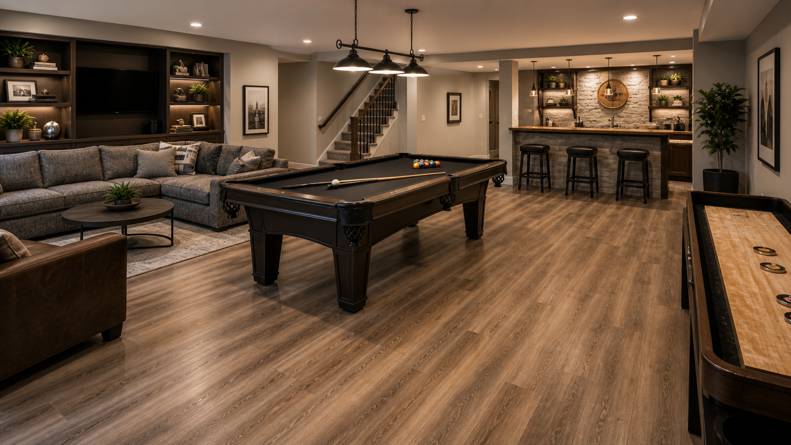 Luxury vinyl plank flooring in a basement game room