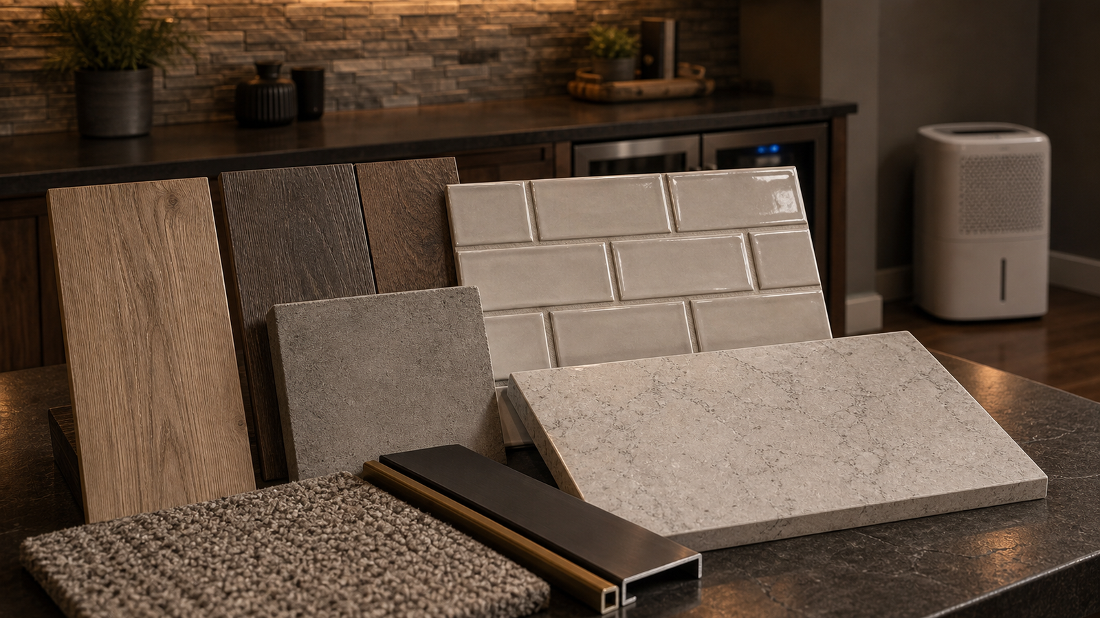 Moisture resistant basement bar flooring tile stone and metal material samples