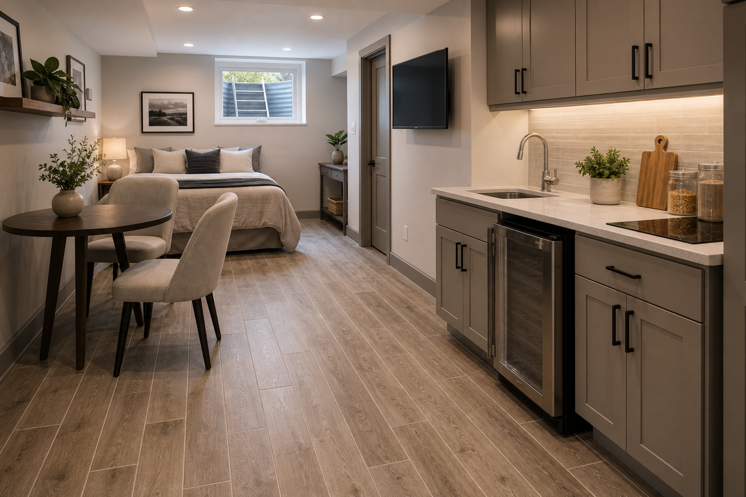 Porcelain wood-look tile flooring in a basement studio kitchenette