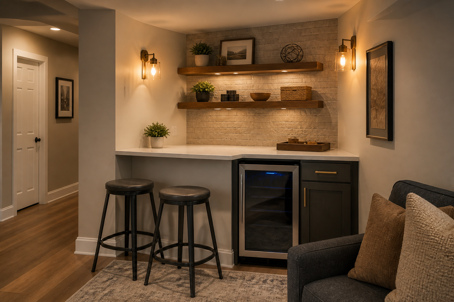 Compact corner basement bar with floating shelves mini fridge and two stools