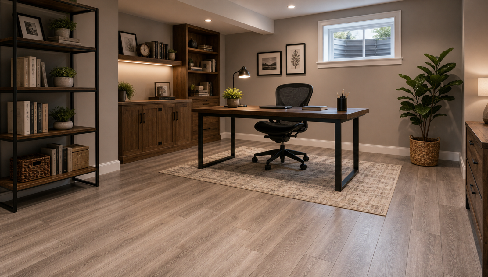Water-resistant laminate flooring in a basement home office
