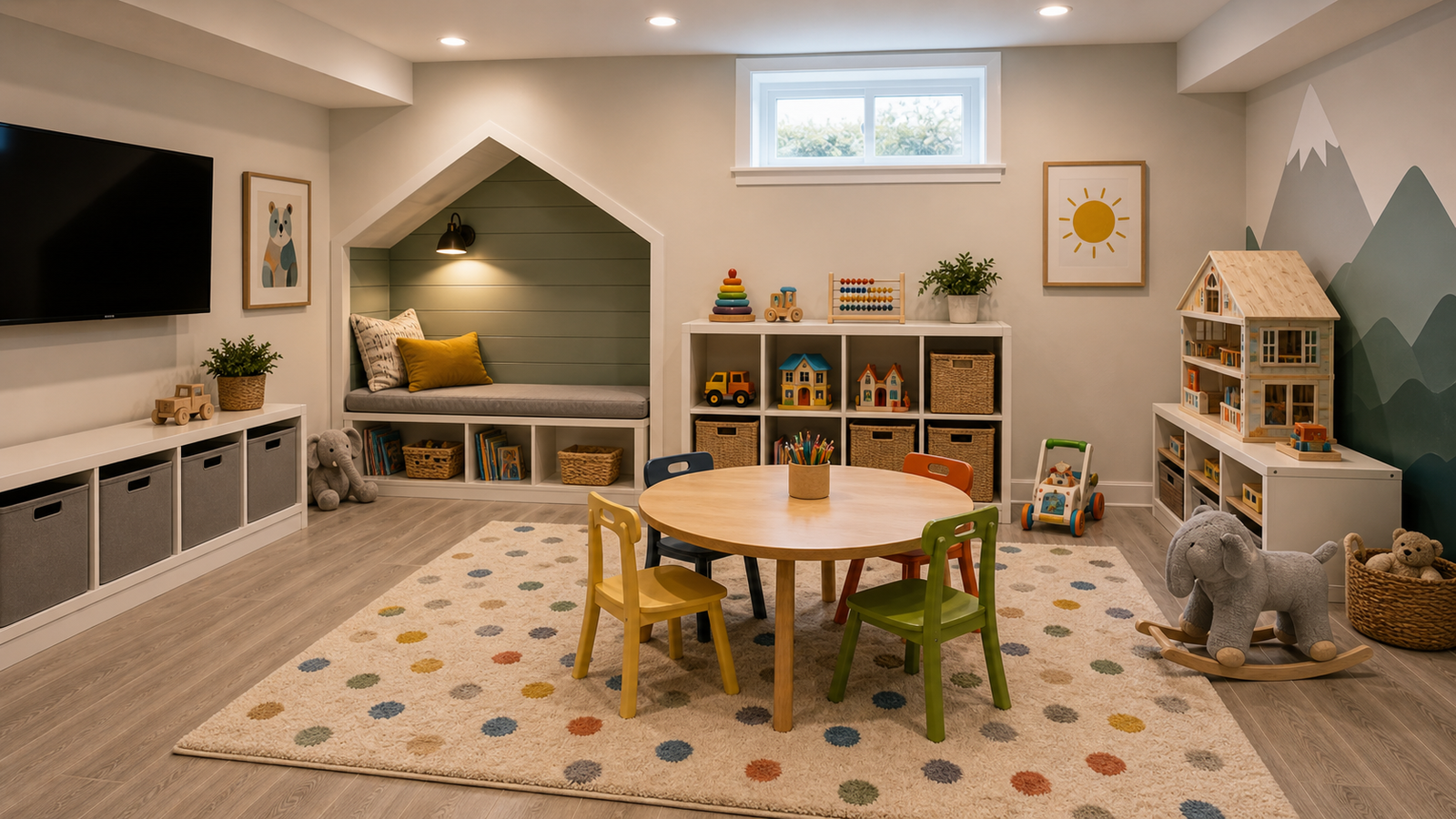 Finished basement children's playroom with storage and activity zones