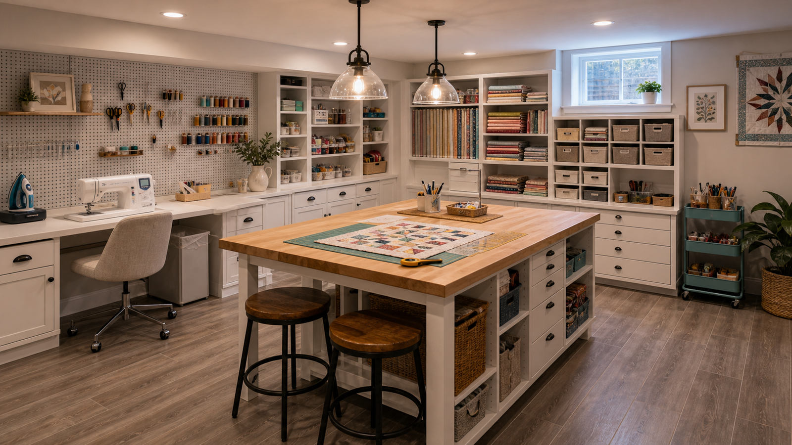 Finished basement craft and sewing studio with work island and storage
