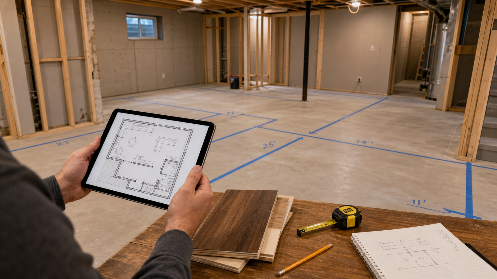 Planning a basement remodel with a floor plan and measurements