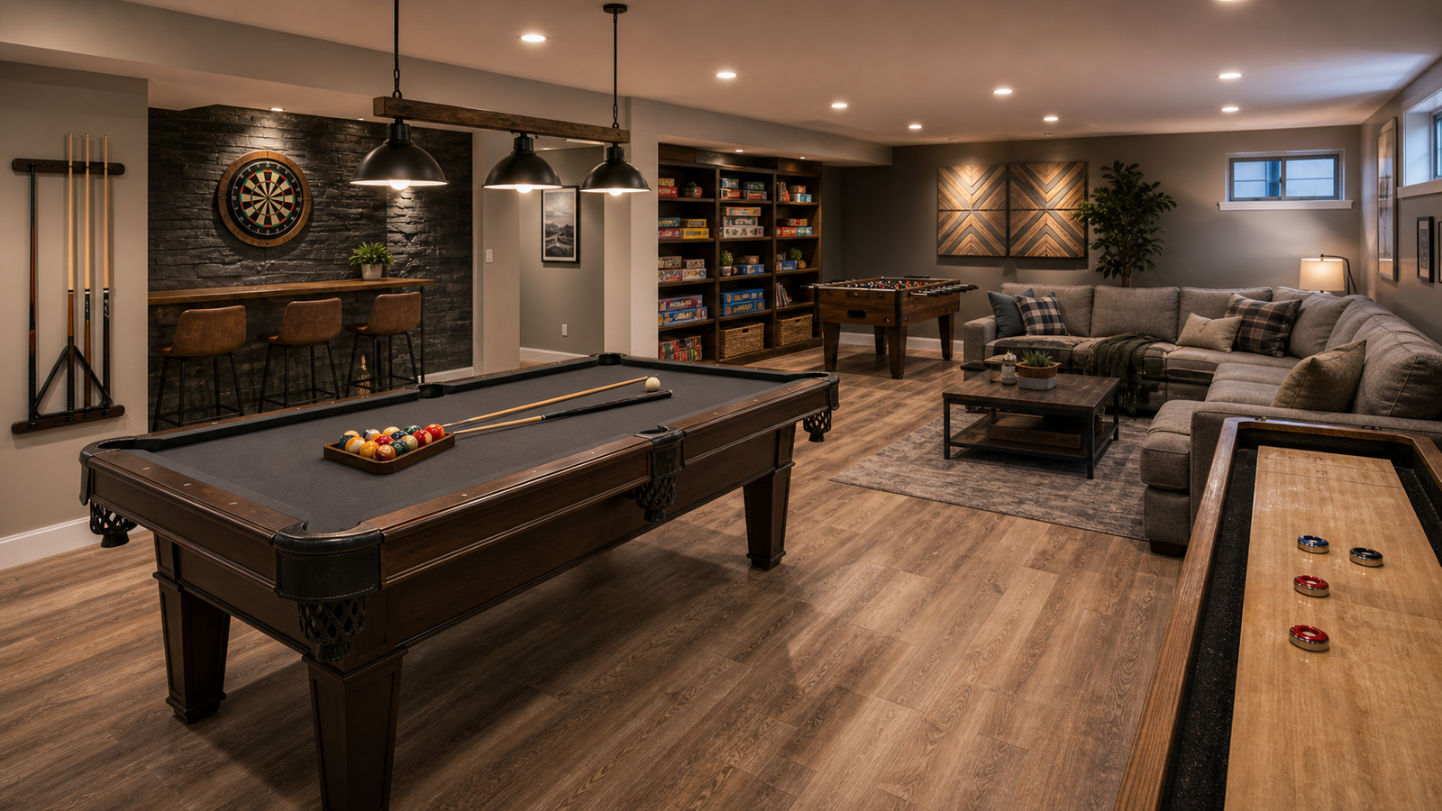 Finished basement game room with pool table and lounge seating