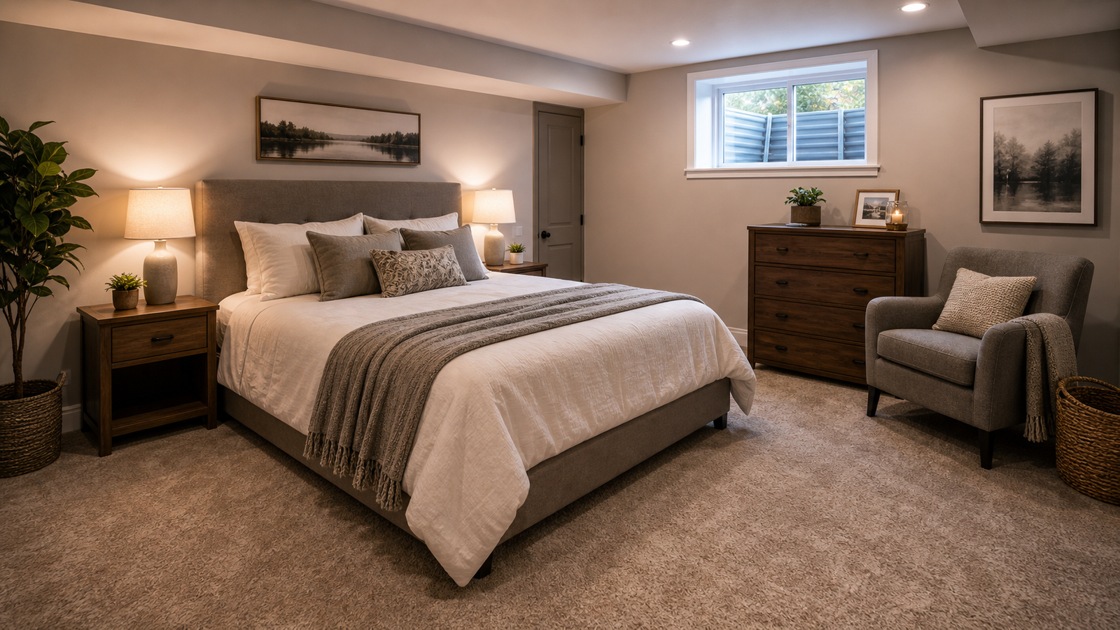 Finished basement guest room with egress window and warm lighting