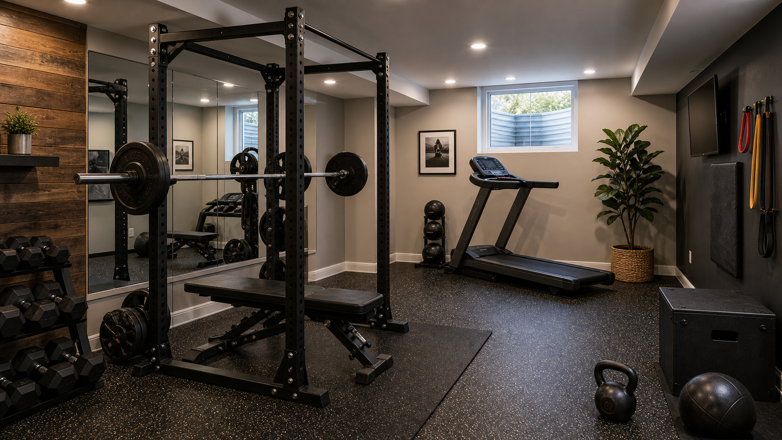 Finished basement home gym with rubber flooring and workout equipment