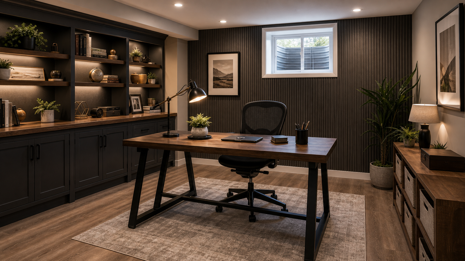 Finished basement home office with desk built-ins and warm task lighting
