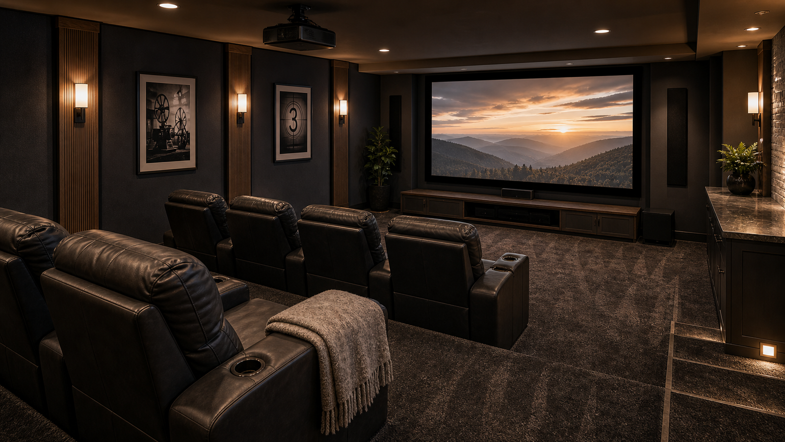 Finished basement home theater with projector screen and tiered seating