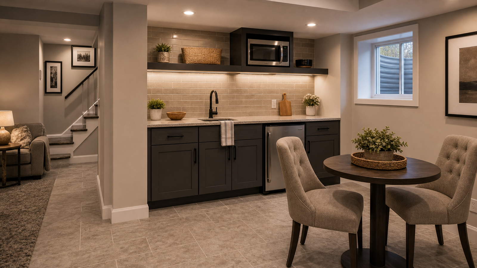 Finished basement kitchenette with sink cabinets and small seating area