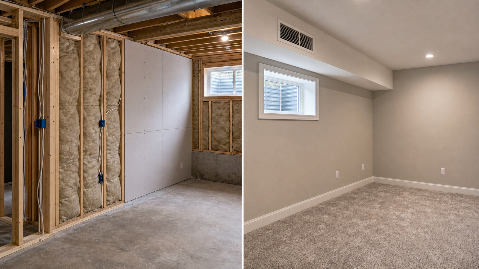 Basement remodel groundwork with drywall insulation and ventilation